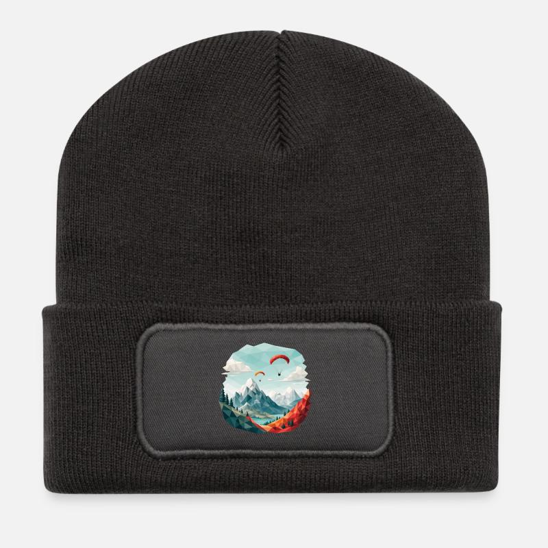 Paragliding Mountain Landscape Polygon Art - Recycled Patch Beanie - dark grey