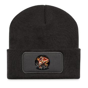 Rot-Weiß-Koi-Karpfen-Sonnenuntergangsdesign - Recycelte Patch Beanie - Dunkelgrau - Vorne