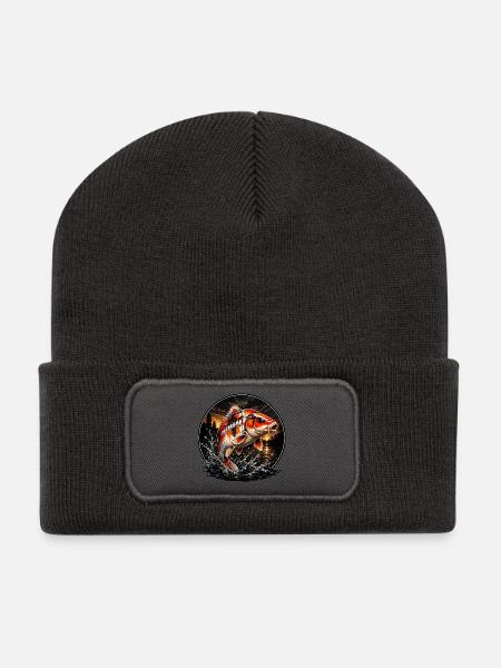 Red White Koi Carp Sunset Design - Recycled Patch Beanie - dark grey