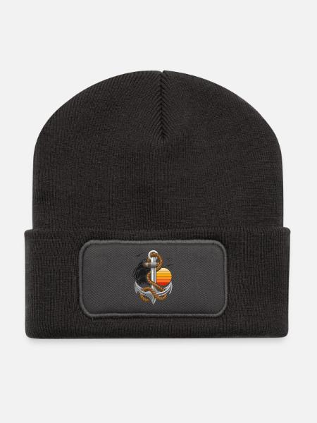 Ancre nautique avec navire et coucher de soleil - Beanie recyclé à patch - charbon