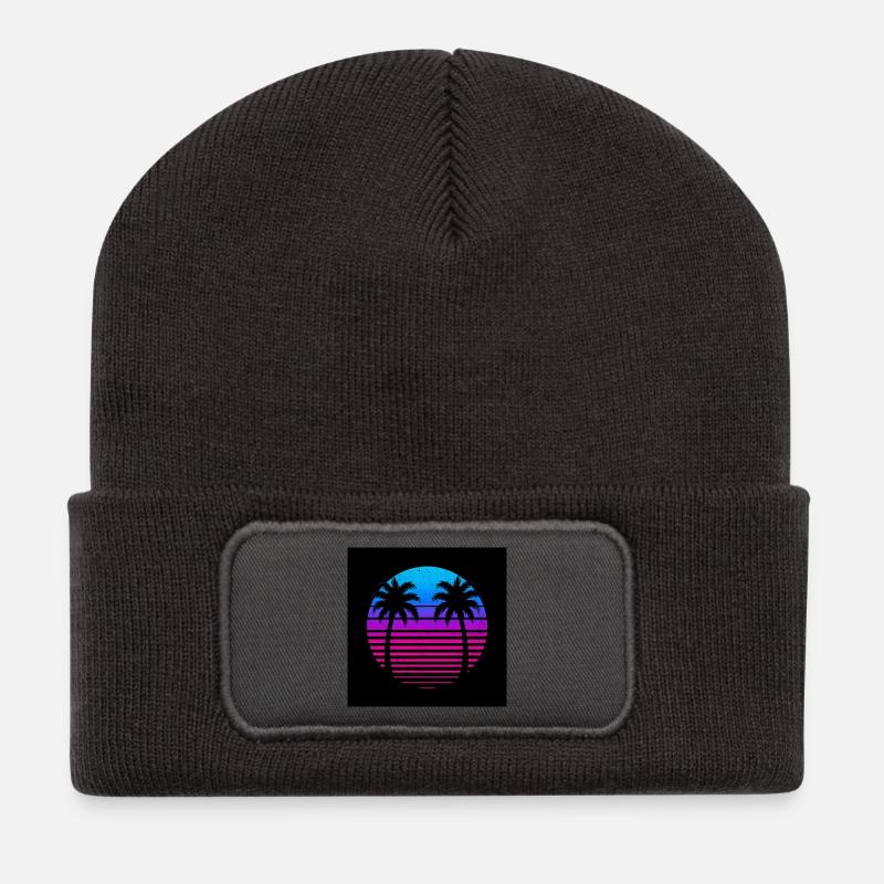 Neon Palm Sunset Circle - Recycled Patch Beanie - dark grey