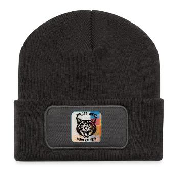 Finger weg! Mein Kaffee Katzendesign - Recycelte Patch Beanie - Dunkelgrau - Vorne