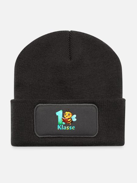 1. Klasse Biene mit Brille und Buch - Aquarell - Recycelte Patch Beanie - Dunkelgrau