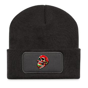 Schädel beißt in Weihnachtskugel . KI generiert - Recycelte Patch Beanie - Dunkelgrau - Vorne