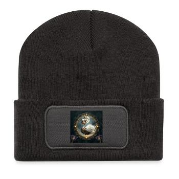 Steampunk-Schwan im Lunar Frame - Recycelte Patch Beanie - Dunkelgrau - Vorne