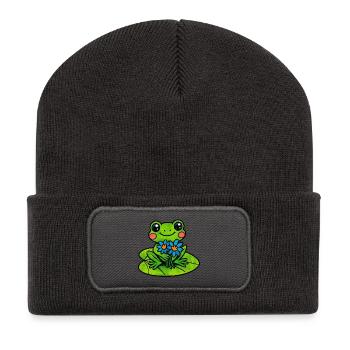 Grenouille joyeuse avec un bouquet de fleurs - Beanie recyclé à patch - charbon - Devant