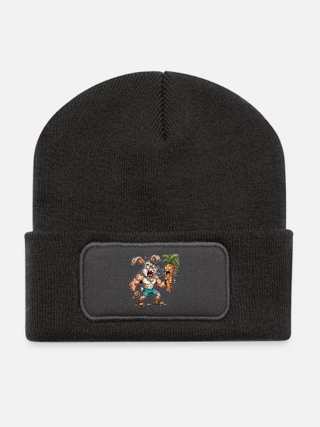 Angry rabbit and carrot - Recycled Patch Beanie - dark grey