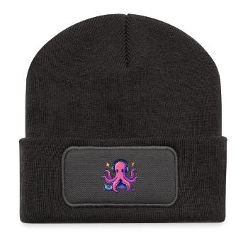 Pieuvre DJ au casque sur platine - Beanie recyclé à patch - charbon - Devant
