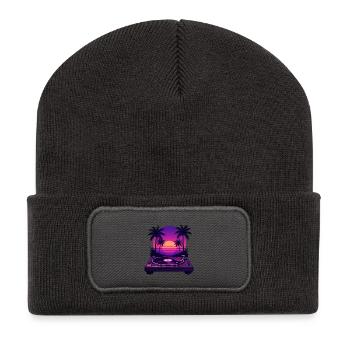Vinyle coucher plage palmier - Beanie recyclé à patch - charbon - Devant