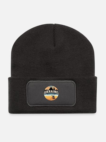 Retro Ukraine Wheat Field Badge - Recycled Patch Beanie - dark grey