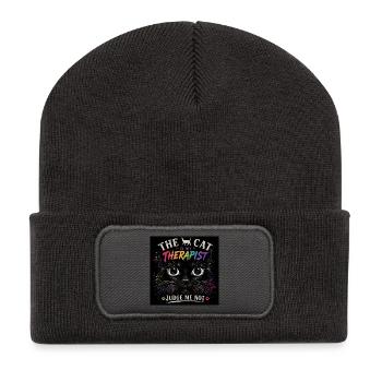 Katzentherapie: Die Katze ist mein Therapeut - Recycelte Patch Beanie - Dunkelgrau - Vorne