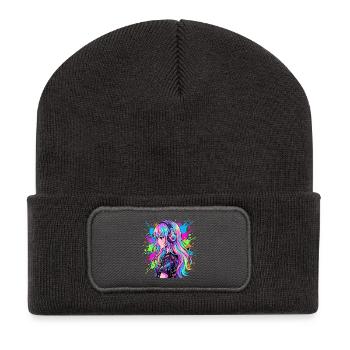 Neon Anime Kopfhörer Portrait - Recycelte Patch Beanie - Dunkelgrau - Vorne