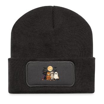 Halloween Katzen Hexe Kürbis Mumie Geist Kostüm - Recycelte Patch Beanie - Dunkelgrau - Vorne