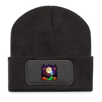 Uhrwerk-Halloween-Geist - Recycelte Patch Beanie - Dunkelgrau - Vorne
