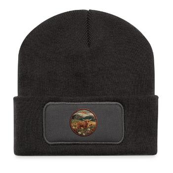 Hochlandkuh Patch in Berglandschaft - Recycelte Patch Beanie - Dunkelgrau - Vorne