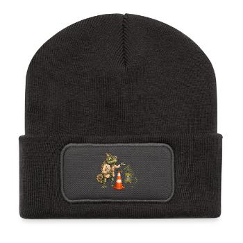 Chamäleon Fahrlehrer übt sicher mit Verkehrskegel - Recycelte Patch Beanie - Dunkelgrau - Vorne