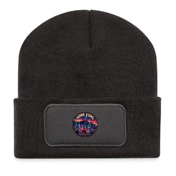 Hong Kong Skyline Vintage Reiseabzeichen - Recycelte Patch Beanie - Dunkelgrau - Vorne