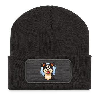 Fröhliches schwarz-weißes Hündchen (Comic-Porträt) - Recycelte Patch Beanie - Dunkelgrau - Vorne