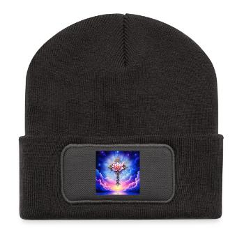 Blüten-Lotuskreuz am Sternenhimmel - Recycelte Patch Beanie - Dunkelgrau - Vorne