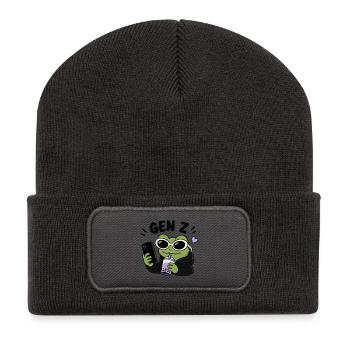 Grenouille de la génération Z avec une esthétique de mème drôle à la Boba Kawaii - Beanie recyclé à patch - charbon - Devant