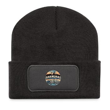 Retro Shanghai Pudong Travel Badge - Recycled Patch Beanie - dark grey - Front