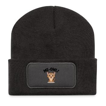 Me‑Owl – Cat Wearing Owl Mask Pun Cartoon - Recycled Patch Beanie - dark grey - Front