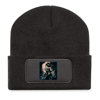 Geisha mit Fächer und Blumen - Recycelte Patch Beanie - Dunkelgrau - Vorne