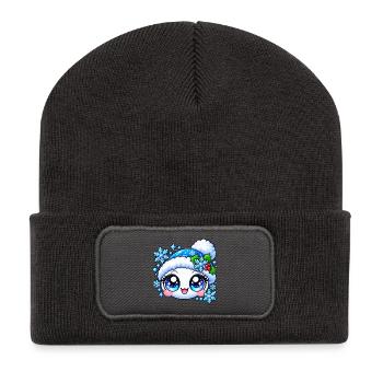 Kawaii Winter: Blaue Splitter und Stechpalme - Recycelte Patch Beanie - Dunkelgrau - Vorne
