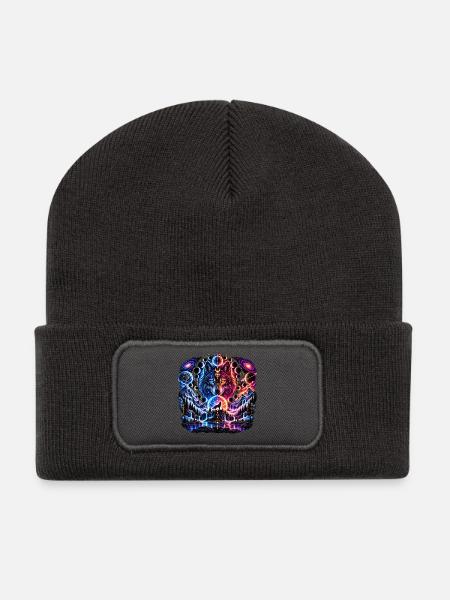 Kosmischer Wolf – Mystisches Sternenwesen - Recycelte Patch Beanie - Dunkelgrau