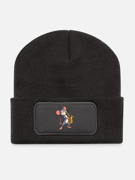 Maus mit Saxophon - Recycelte Patch Beanie - Dunkelgrau