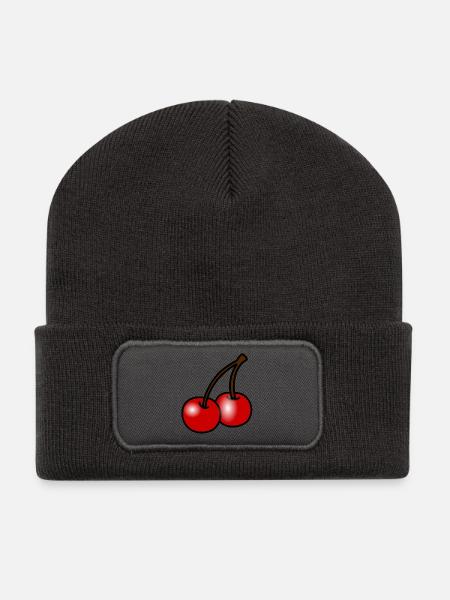 Zwei Kirschen auf Schwarz - Recycelte Patch Beanie - Dunkelgrau