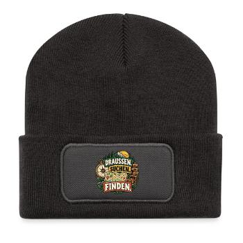 Draußen. Suchen. Finden. Geocaching / Schatzsuche - Recycelte Patch Beanie - Dunkelgrau - Vorne