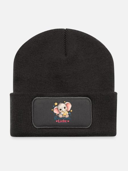 Riesengroße Liebe Elefant mit Stern - Recycelte Patch Beanie - Dunkelgrau