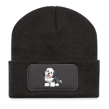Bobtail Kawaii Style – Süßer flauschiger Hund - Recycelte Patch Beanie - Dunkelgrau - Vorne