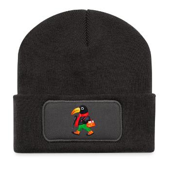 Wandelnde Krähe im roten Schal - Recycelte Patch Beanie - Dunkelgrau - Vorne