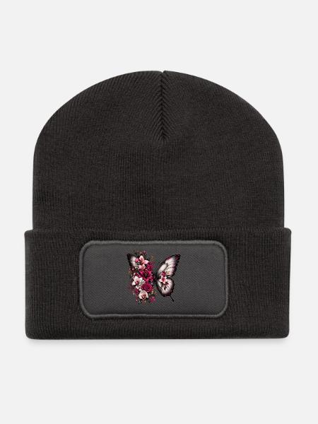Flügelpoesie Blüten-Schmetterling - Recycelte Patch Beanie - Dunkelgrau