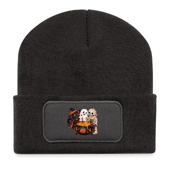 Fröhliche Halloween Runde - Spaß am Hexenkessel - Recycelte Patch Beanie - Dunkelgrau - Vorne