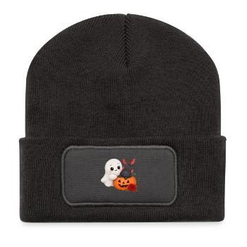 Verspielter Geisterkatzen-Kürbis - Recycelte Patch Beanie - Dunkelgrau - Vorne