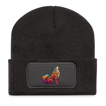 Bunter Wolf Tribal Muster - Recycelte Patch Beanie - Dunkelgrau - Vorne