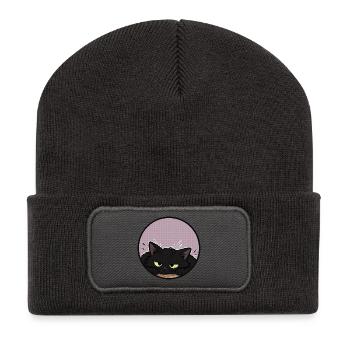 Grummelige schwarze Katze im lila Kreis - Recycelte Patch Beanie - Dunkelgrau - Vorne