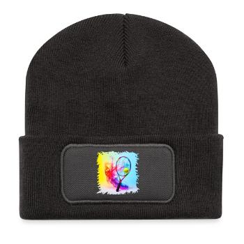 Farbenexplosion Tennisracket - Recycelte Patch Beanie - Dunkelgrau - Vorne