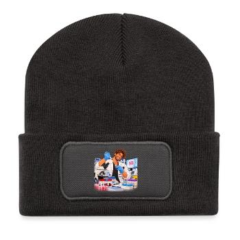 Wissenschaftler lächelt im farbenfrohen Labor - Recycelte Patch Beanie - Dunkelgrau - Vorne