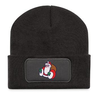 Fetter Cartoon-Weihnachtsmann mit Sack - Recycelte Patch Beanie - Dunkelgrau - Vorne