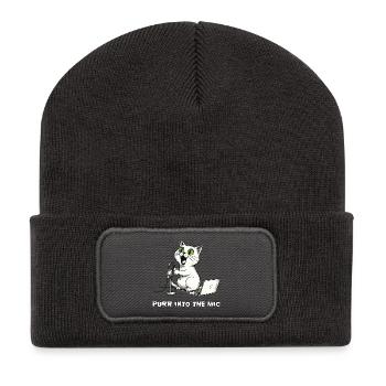 Lustiger Katzen-Podcaster am Laptop - Recycelte Patch Beanie - Dunkelgrau - Vorne
