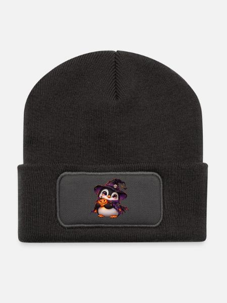 Halloween-Pinguinpinguin - Recycelte Patch Beanie - Dunkelgrau