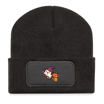 Süßer Hexengeist auf Besen – Halloween - Recycelte Patch Beanie - Dunkelgrau - Vorne