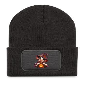 Niedliche Halloween-Kuh - Recycelte Patch Beanie - Dunkelgrau - Vorne
