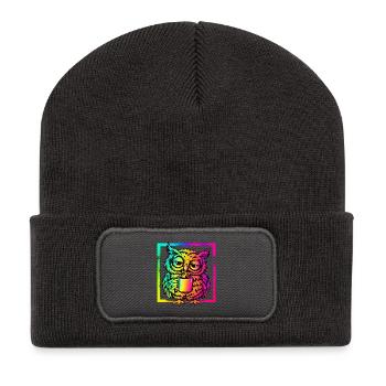 Eule mit Kaffee – Neon Graffiti Pop Art - Recycelte Patch Beanie - Dunkelgrau - Vorne