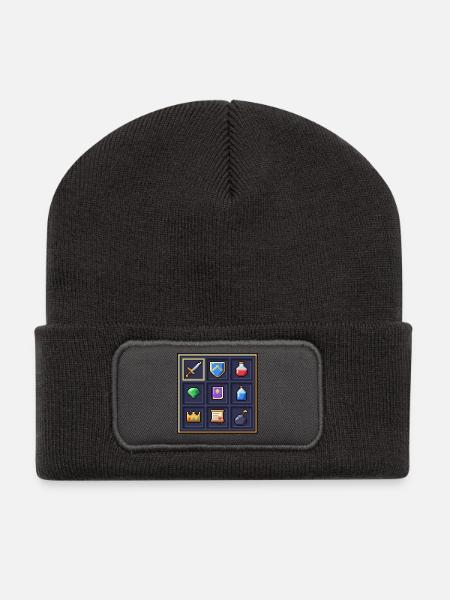 Pixel Art Heldeninventar mit Schwert und Tränken - Recycelte Patch Beanie - Dunkelgrau