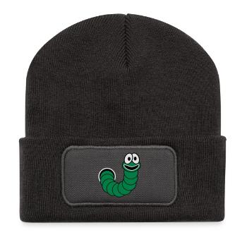 Wurm aus dem Loch Motiv - Recycelte Patch Beanie - Dunkelgrau - Vorne